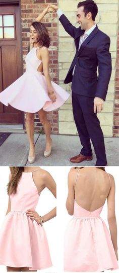 Pink Short Prom Dress Elegant New arrival A-Line Backless Halter Sleeveless Homecoming Dress JS27