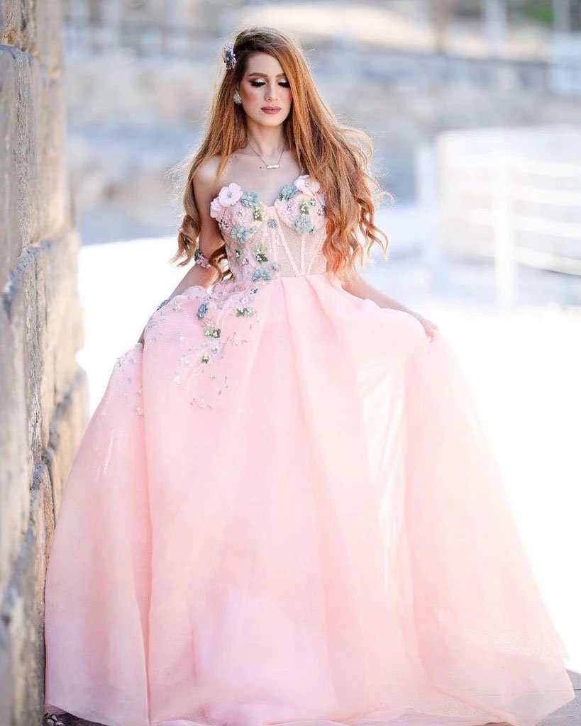 Princess Ball Gown Sweetheart Pink One Shoulder Prom Dresses, Quinceanera Dresses SJS15296