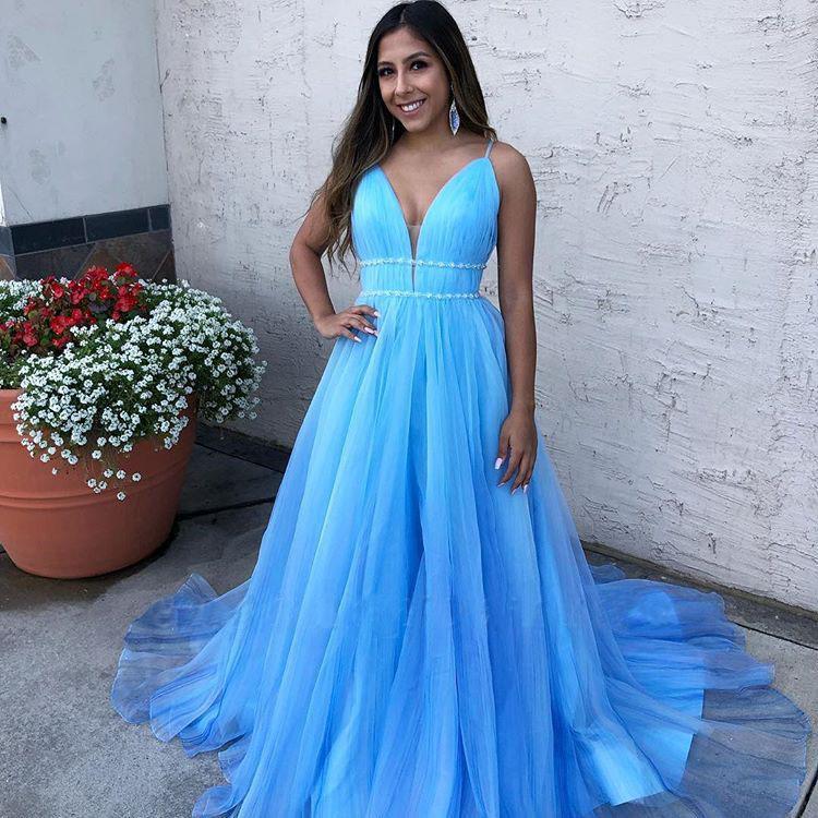 A Line Sky Blue Spaghetti Straps V Neck Tulle Prom Dresses, Cheap Evening Dresses SJS15554