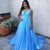 A Line Sky Blue Spaghetti Straps V Neck Tulle Prom Dresses, Cheap Evening Dresses SJS15554