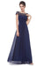 Elegant Lace Cap Sleeve Chiffon Evening Gowns Open Back Bateau Long Prom Dresses SJS15170