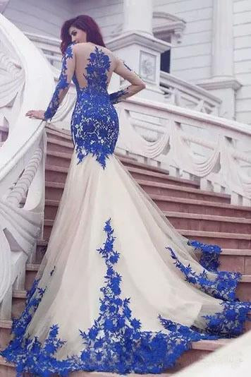 Mermaid Royal Blue Scoop Appliques Tulle Prom Dresses Long Evening SJS20464