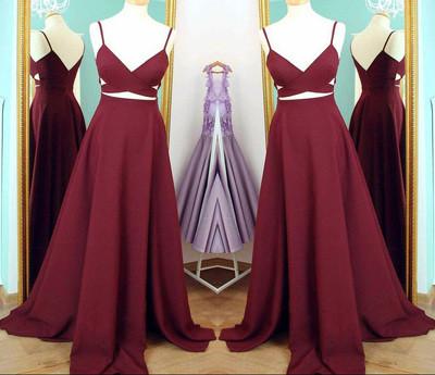 Two Piece Straps Long Prom Dress Evening Dress Spaghetti Straps Wine Red Prom Dresses JS159