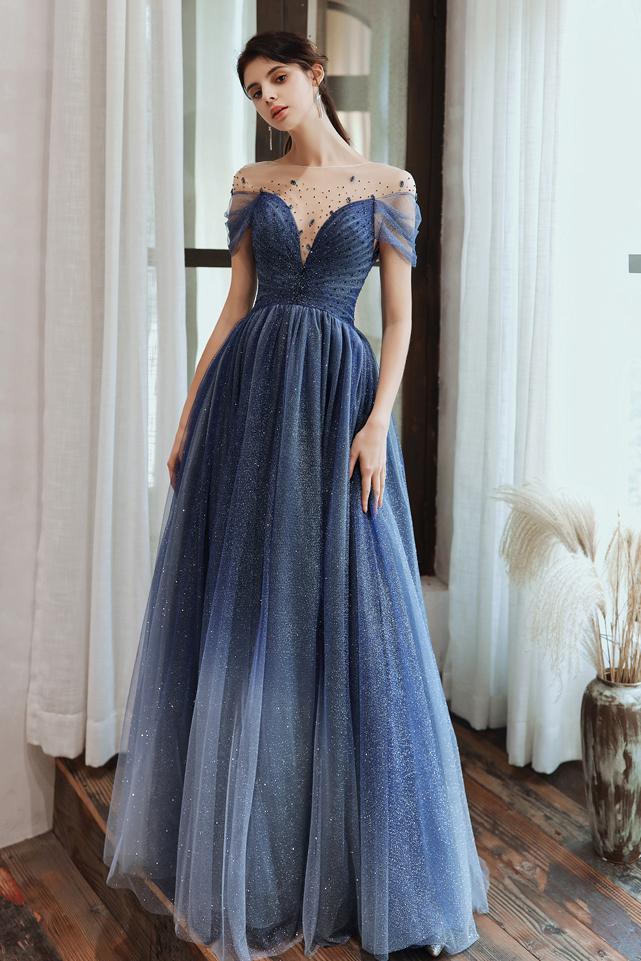 Charming A Line Blue Ombre Tulle Prom Dresses with Open Back, Evening SJS15622