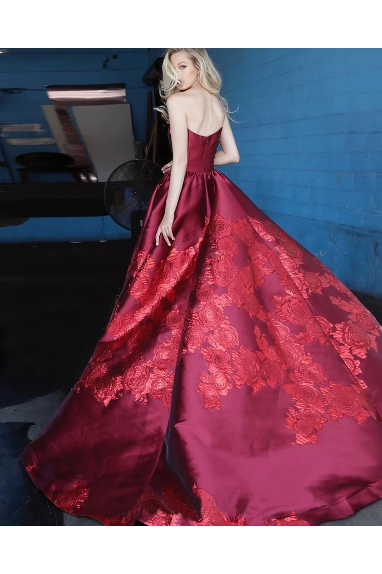 Unique A Line Strapless Burgundy Satin Prom Dresses With Appliques Formal SJSPYZN65CB