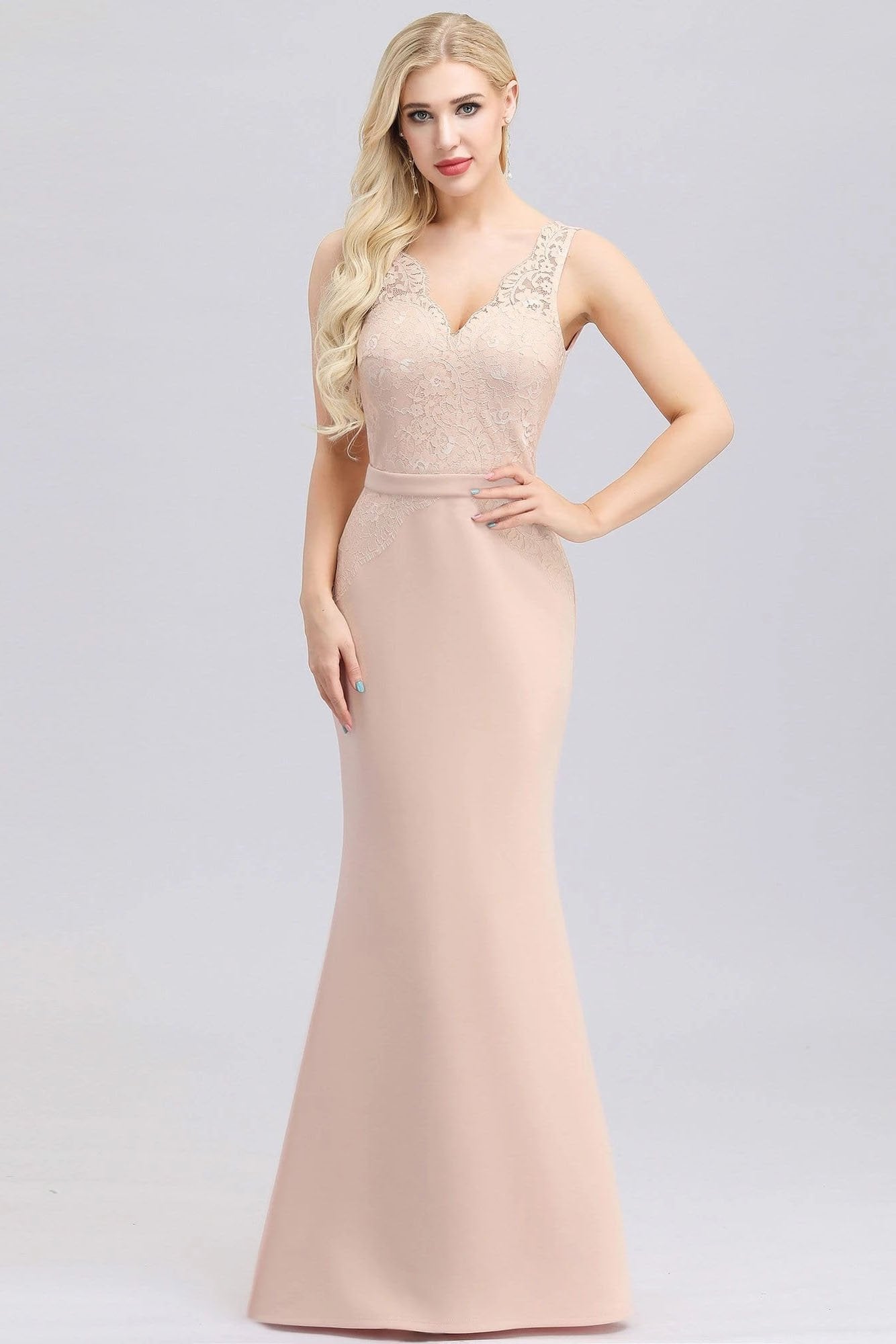 Elegant V-Neck Floral Lace Pink Evening Dress Satin Prom Dresses SJS15216