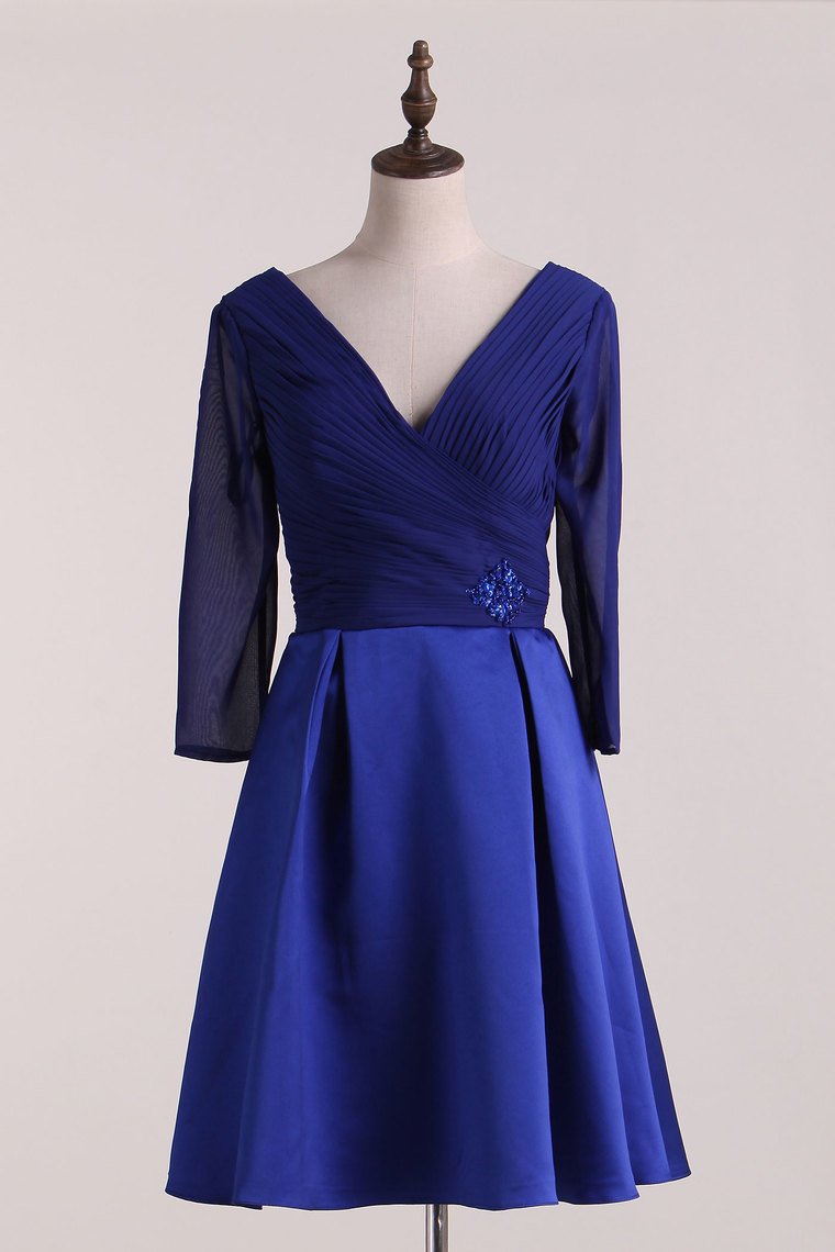 New Arrival V Neck 3/4 Length Sleeves Cocktail Dresses Satin A Line