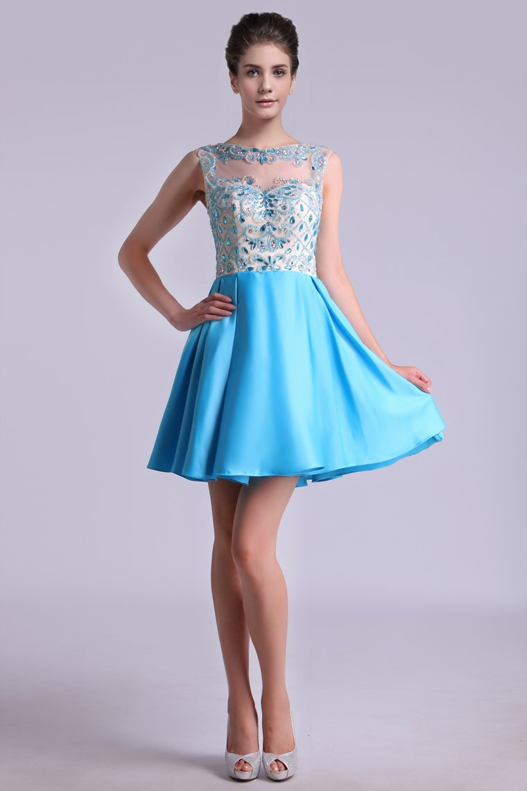 Bateau A Line Homecoming Dresses Satin With Beads Mini