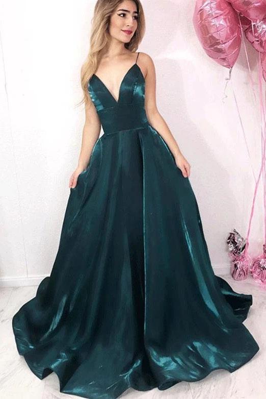 Long Green Spaghetti Straps V Neck Satin Prom Dresses, Evening Party SJS15650