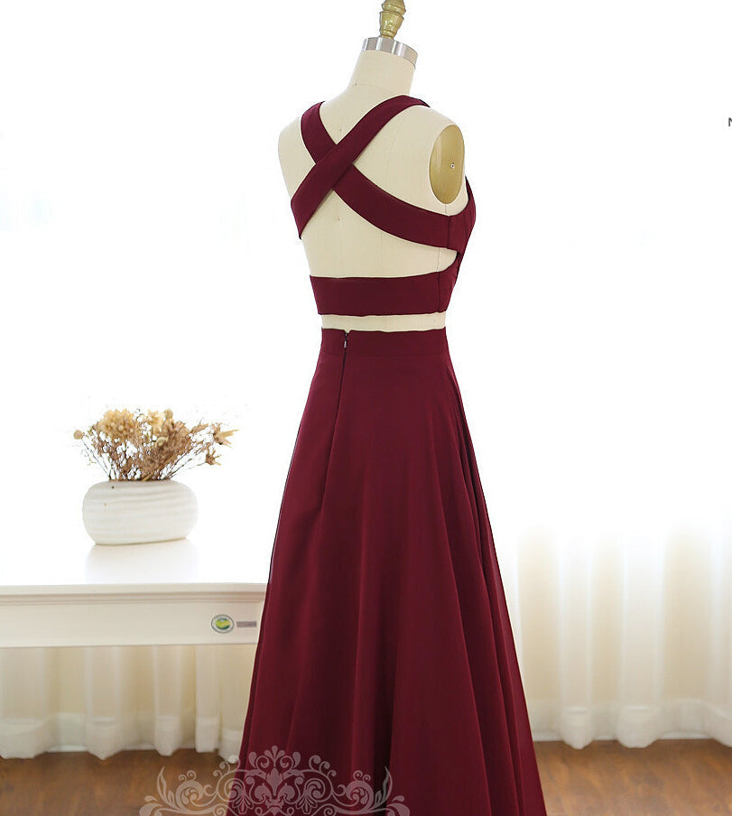 Fashion Long V-Neck Two Piece Floor Length A-Line Sleeveless Halter Prom Dresses JS765