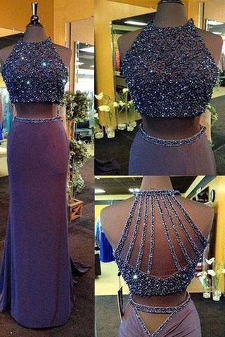 Two Piece Column Purple Sheath Crew Neck Sweep Train Beading Halter Formal Dresses JS51