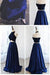 Newest Halter A-Line Two Piece Simple Navy Blue Satin Backless Sleeveless Evening Dresses JS56