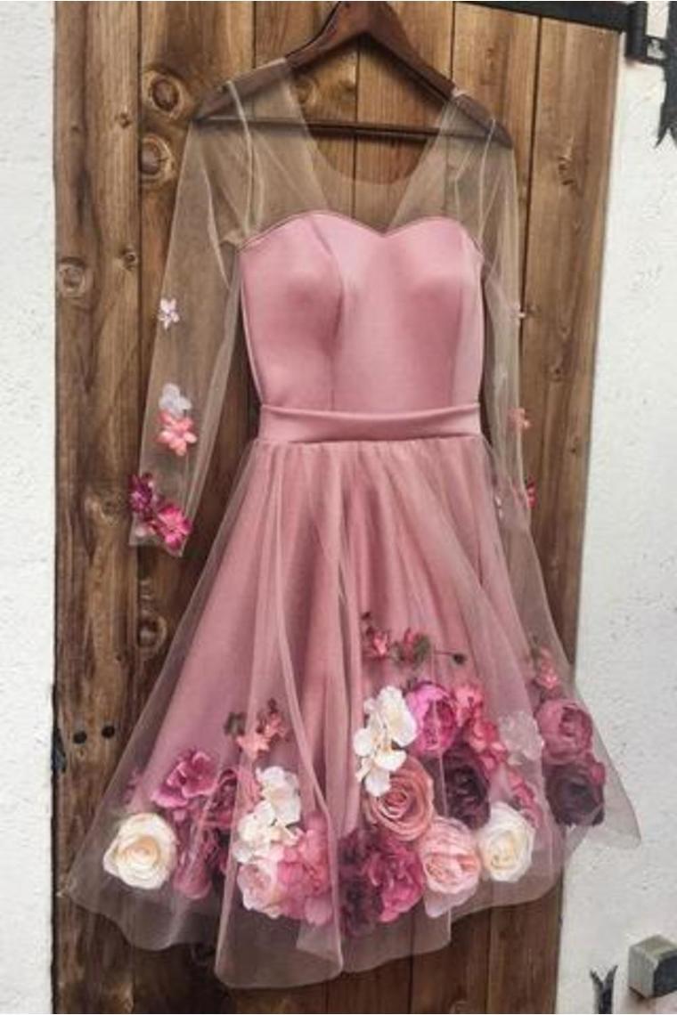 A-Line V Neck Hand-Made Flower Homecoming Dress Unique Short Long Sleeve Prom Dress