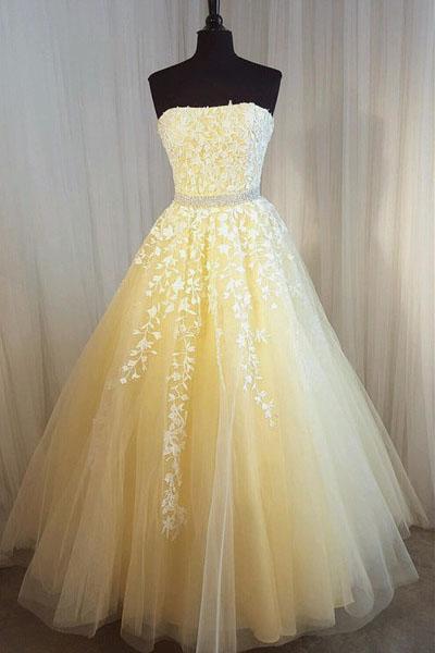 A Line Yellow Strapless Tulle Lace Appliques Prom Dresses, Party SJS20389