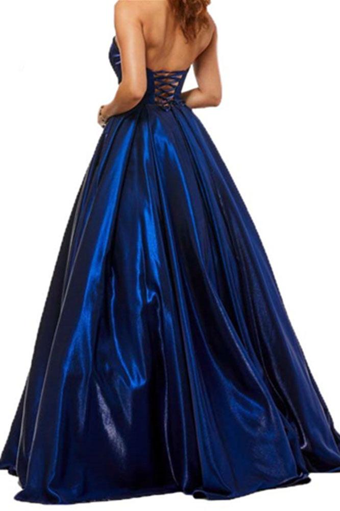 A Line Royal Blue Satin Sweetheart Strapless Prom Dresses with Pockets, Evening Dress SJS15553