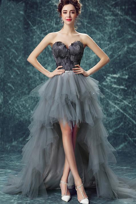 Elegant High Low Strapless Sweetheart Feathers Tulle Gray Prom Dresses with Lace SJS20415