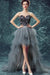 Elegant High Low Strapless Sweetheart Feathers Tulle Gray Prom Dresses with Lace SJS15643