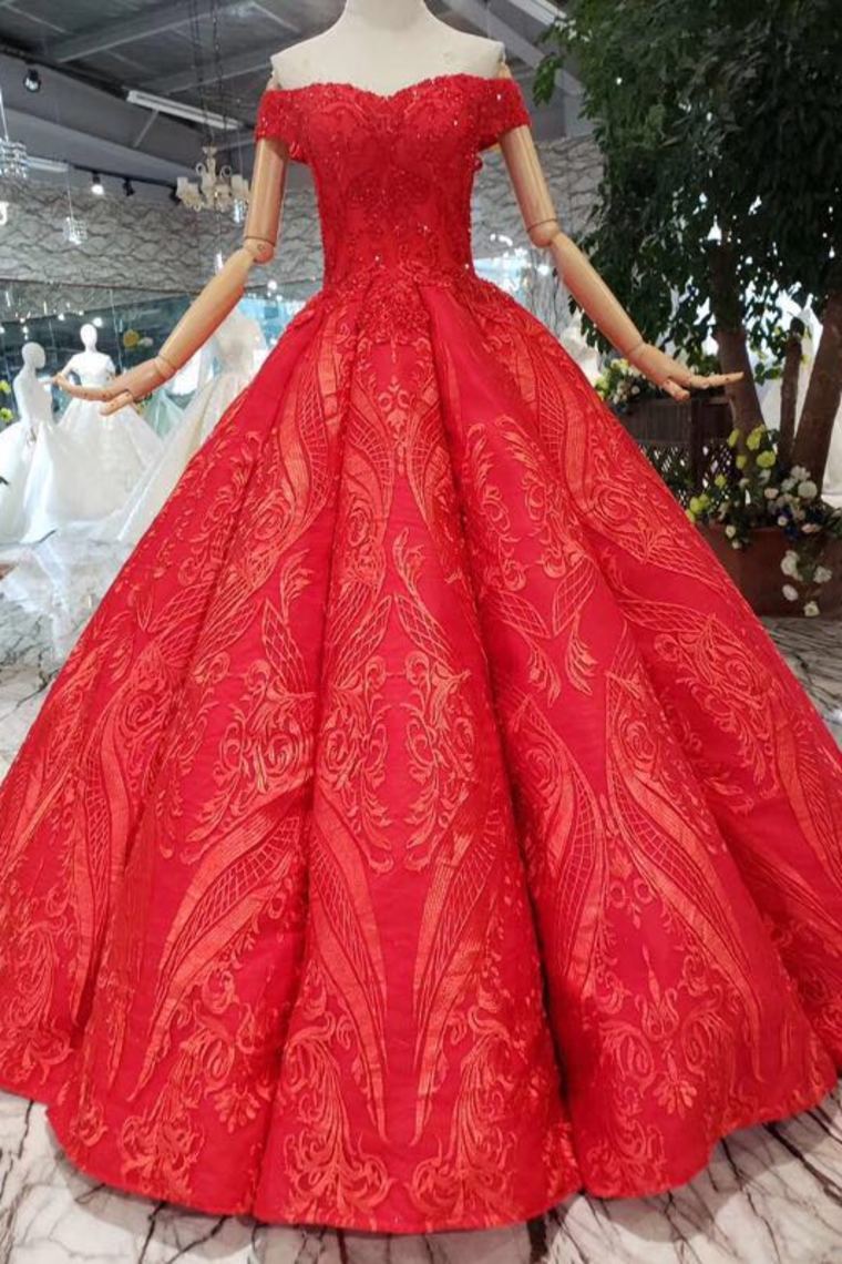 Red Off The Shoulder Lace Appliques Beads with Lace up Prom Dress Quinceanera Dresses JS788