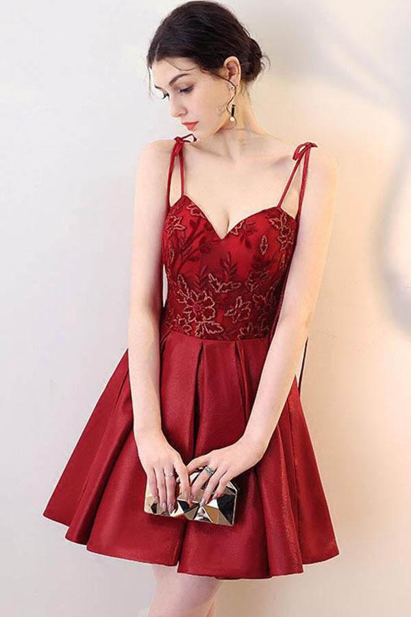 A Line Burgundy V Neck Lace Spaghetti Straps Short Prom Dresses Homecoming Dresses JS966