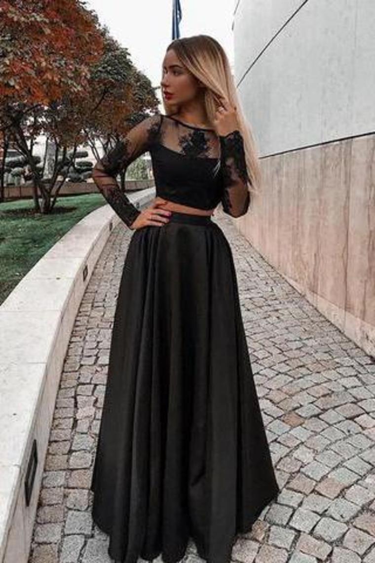 Long Sleeves Scoop Prom Dresses A Line Satin With Applique Two Pieces