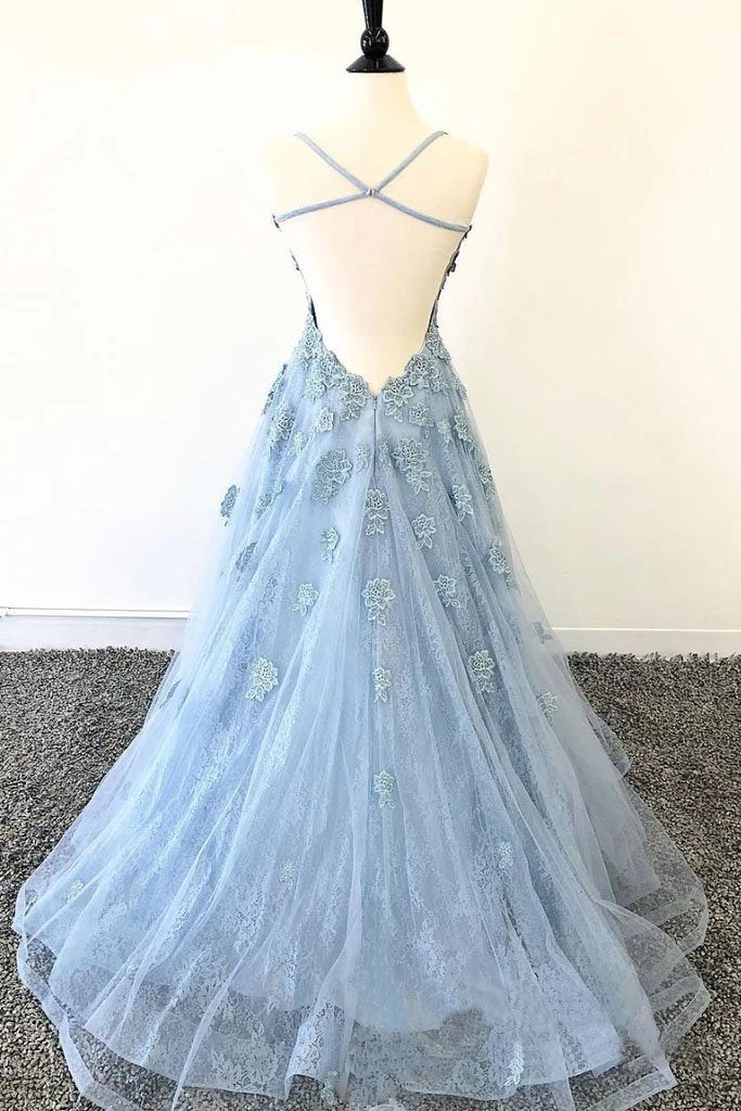 Elegant Spaghetti Straps Lace Applique Blue Bateau Tulle Backless Long Prom Dresses SJS15201