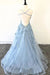 Elegant Spaghetti Straps Lace Applique Blue Bateau Tulle Backless Long Prom Dresses SJS15201