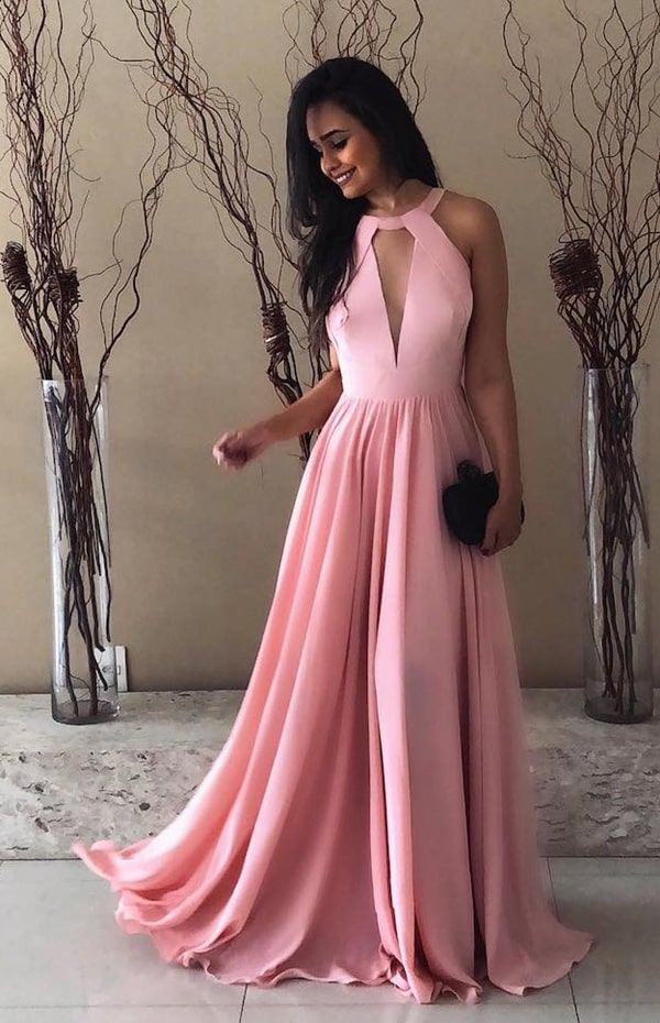 Sexy Sleeveless A Line Long Simple Chiffon Prom Dresses