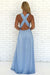 A-Line V Neck Criss Cross Light Blue Chiffon Long Prom Dresses with Split, Formal Dresses SJS15053