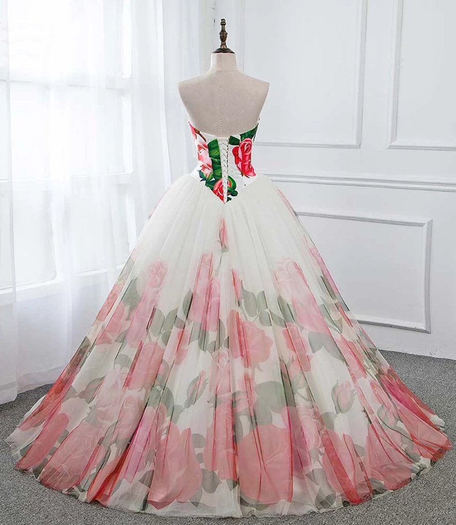 Ball Gown Floral Satin Long Tulle Evening Dresses with Lace up, Sweetheart Red Prom Dresses SJS15057