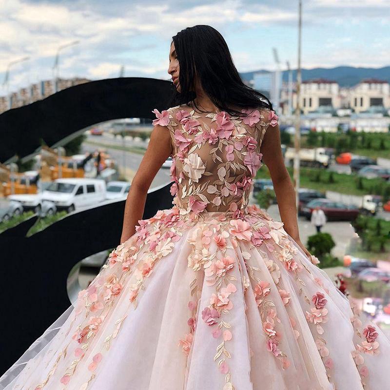 Princess Ball Gown Pink Tulle Prom Dresses with Handmade Flowers, Quinceanera SJS20430