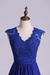 Dark Royal Blue V-Neck Cocktail Dresses Tulle And Chiffon With Applique & Ribbon