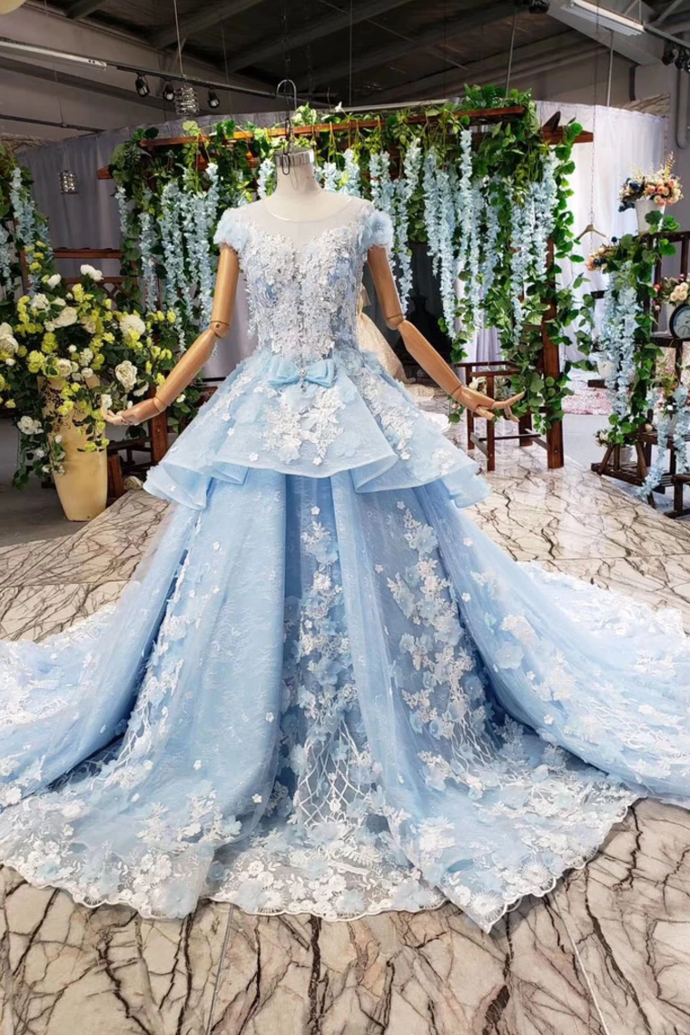 Light Sky Blue Gorgeous Prom Dress With Flowers, Ball Gown Quinceanera Dress With Beads