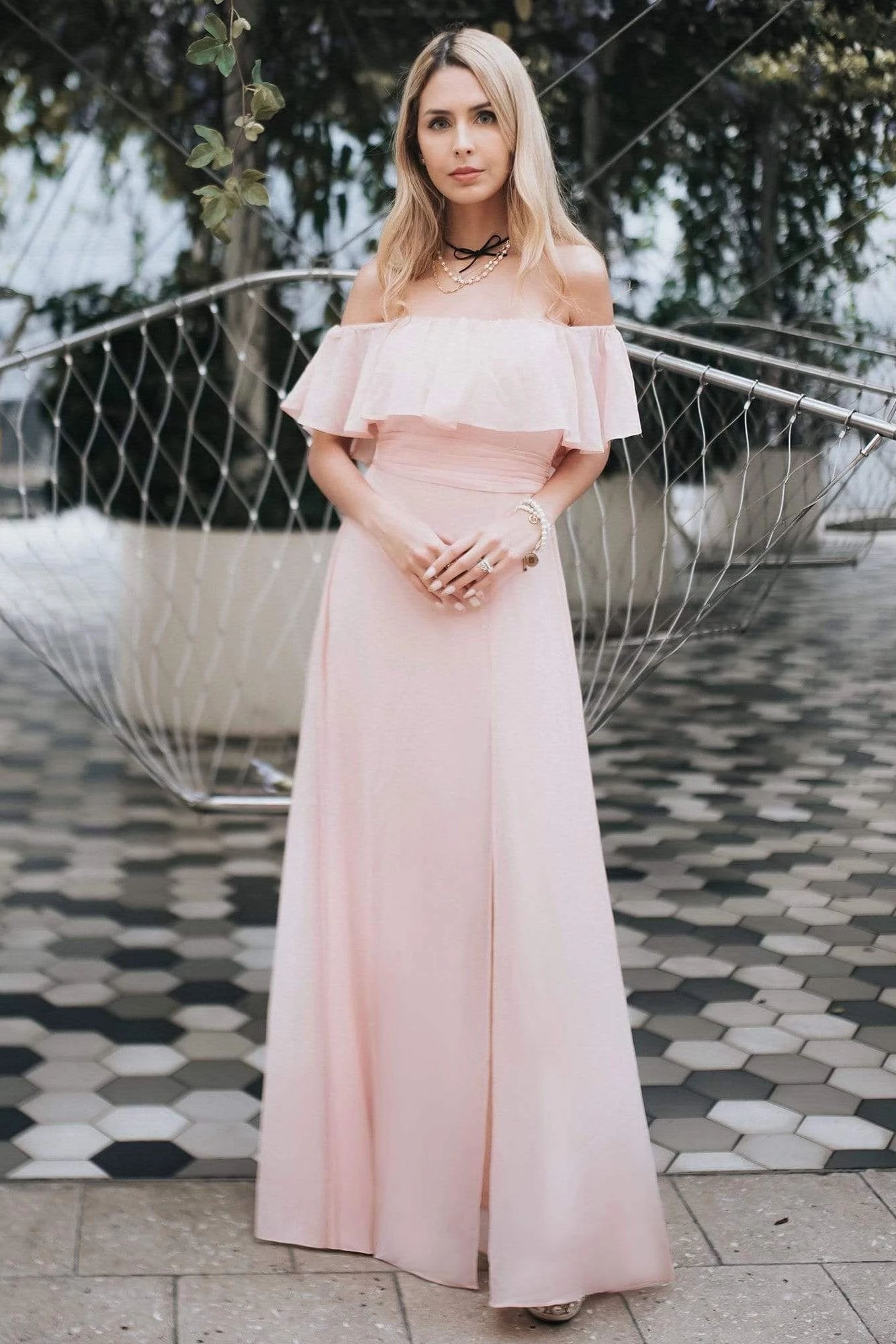 Charming Off Shoulder Ruffle Pink Chiffon Long Prom Dresses Bridesmaid Dresses SJS15114