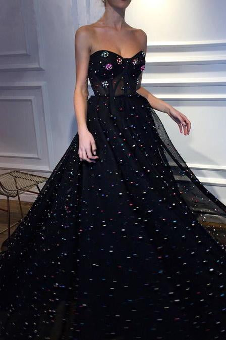 Elegant A Line Sweetheart Strapless Black Tulle Prom Dresses with Beading SJS15578