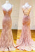 Mermaid Spaghetti Straps Pink Lace V Neck Beads Prom Dresses with SJS15654