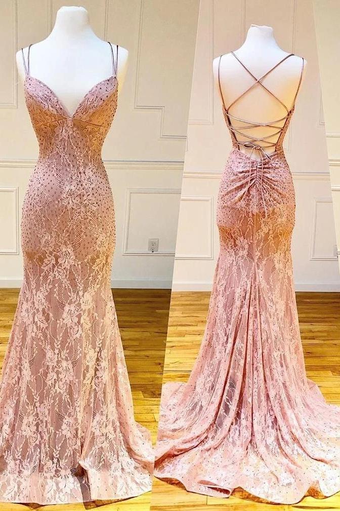 Mermaid Spaghetti Straps Pink Lace V Neck Beads Prom Dresses with SJS20426