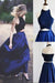 Newest Halter A-Line Two Piece Simple Navy Blue Satin Backless Sleeveless Evening Dresses JS56