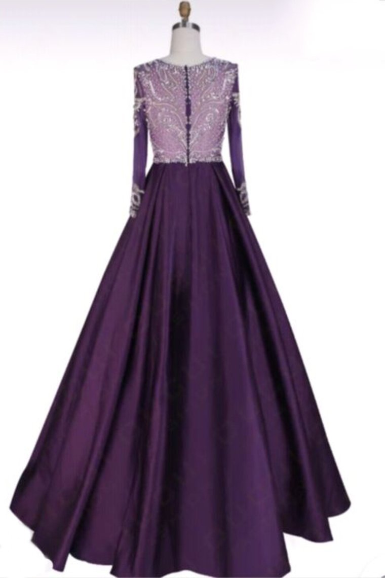 Long Sleeves Scoop Beaded Bodice Taffeta A Line Prom Dresses