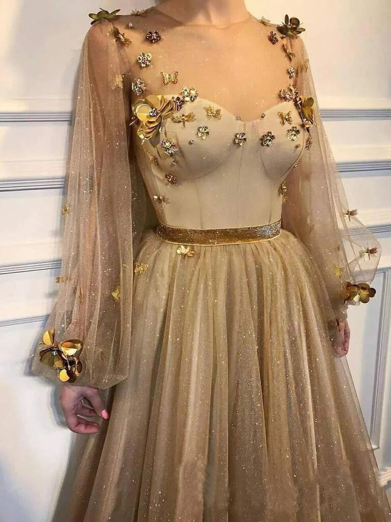 Elegant 3D Flowers Long Sleeve Prom Dresses Golden Rhinestone Evening Dresses SJS15143