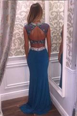 Two Pieces Beading Charming Open Back Blue High Neck Mermaid Long Prom Dresses uk L47