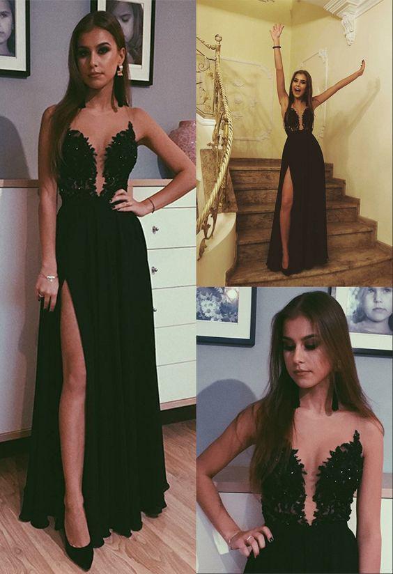 A Line Black Beads Chiffon Prom Dresses with Appliques Split Long Evening SJS20380