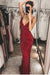 Burgundy Sequins Mermaid Long V Neck Backless Prom Dresses, Formal SJS15621