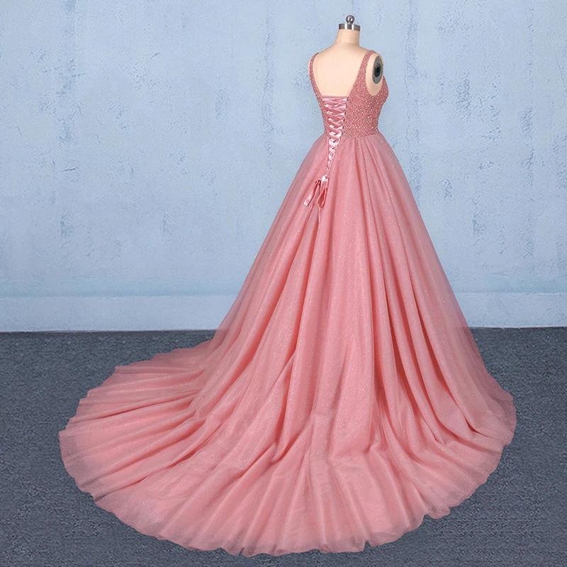 Ball Gown V Neck Tulle Prom Dress with Beads, Puffy Pink Sleeveless Quinceanera Dresses SJS15074