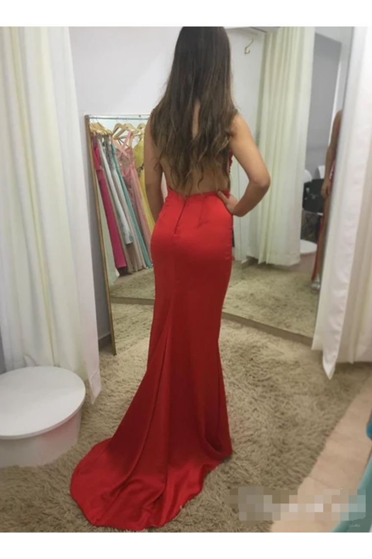 Illusion SweetHeart Neck Backless Spaghetti Red Prom Dresses With Sweep SJSP7GFQPJ3