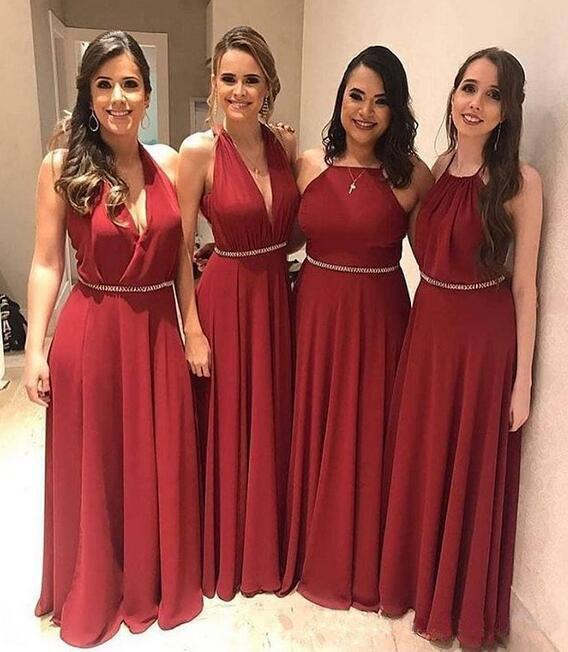 Elegant A Line Chiffon Red Crystal Maid of Honor, Bridesmaid Dresses with SJS20459