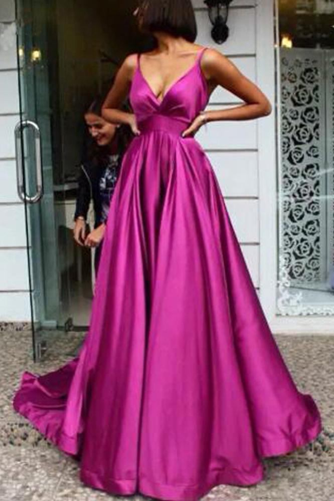 Simple A Line Spaghetti Straps V Neck Satin Backless Prom Dresses, Party SJS20443