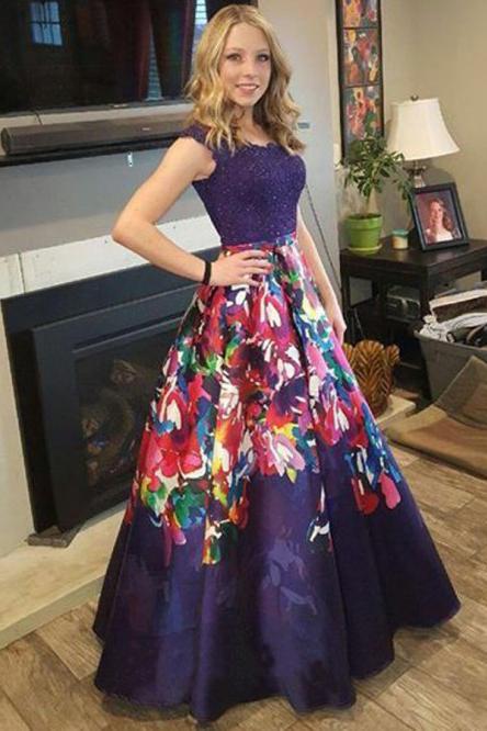 Elegant A Line Floral Satin Purple Prom Dresses with Lace, Long Dance Dresses SJS15576