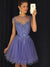 Stunning Bateau Cap Sleeves Short Lavender Homecoming Dress with Appliques Pearls JS449