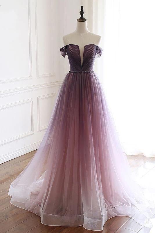 A Line Off the Shoulder Tulle Long Prom Dresses, Lace up Simple Party Dresses SJS15008