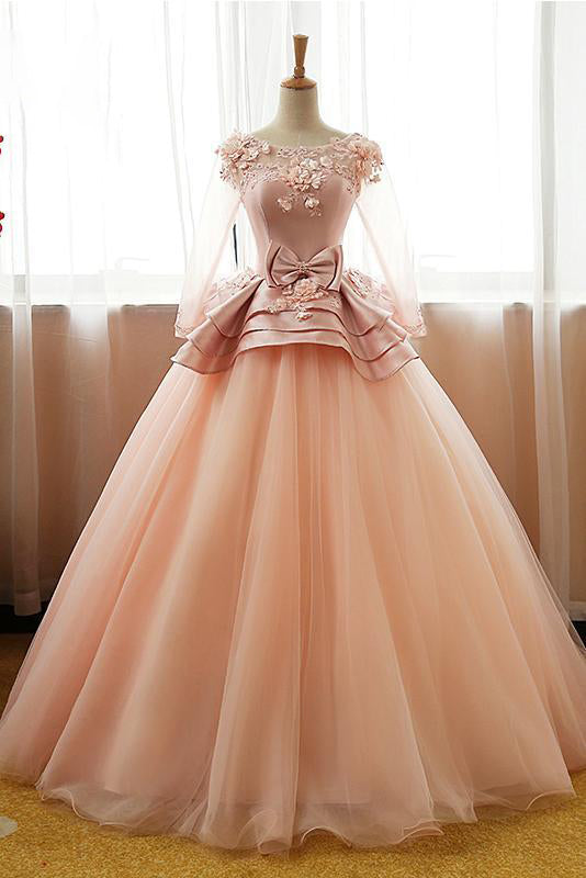 Vintage Pink Flower Long Sleeves Puffy Tulle Long Quinceanera Dress Prom Dresses UK JS428